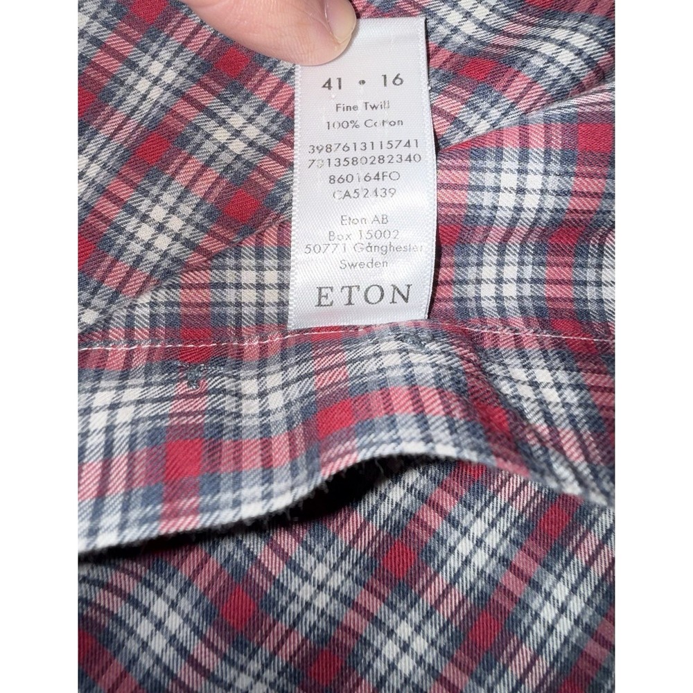 ETON Men's Contemporary Red Plaid Cotton Fine Twill‎ Dress Shirt Size L 16x35 - Picture 5 of 9